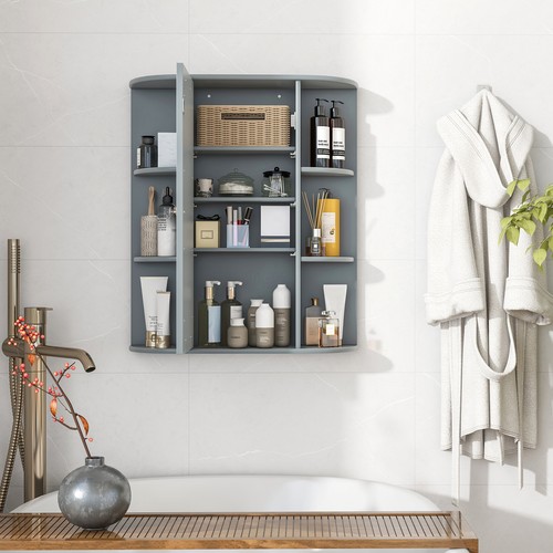Costway Wall Mount Cabinet Single Door Shelves Bathroom Cabinet W/ Mirror Grey - Picture 4 of 8