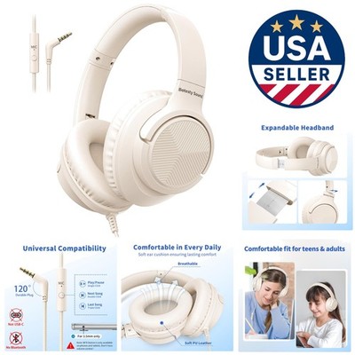 Portable Beige Wired Headphones with Microphone - Perfect for Travel & Study
