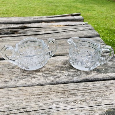 Vintage Cut Crystal Two Handles Sugar Bowl & Creamer Stars And Flowers