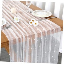 Pearl Table Runner Tulle Fabric Boho Rustic Lace Tablecloth Table 1PCS White