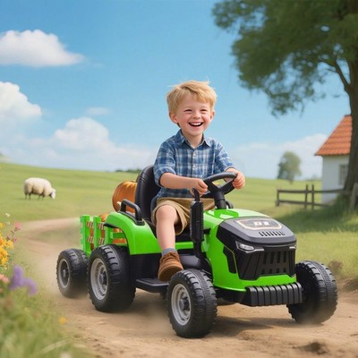 AIYAPLAY Elektrischer Kinder Traktor 3-Gang mit Anhänger, 2 Motor, für 3-8 Jahre