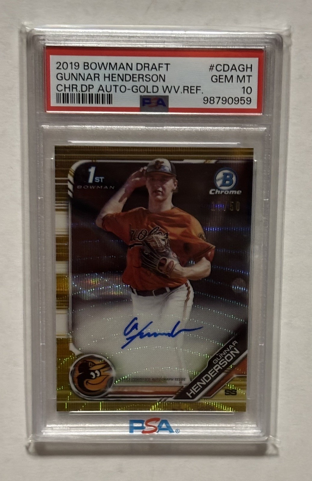 2019 Bowman Chrome Draft Gold Wave Refractor GUNNAR HENDERSON Auto RC PSA 10 #50