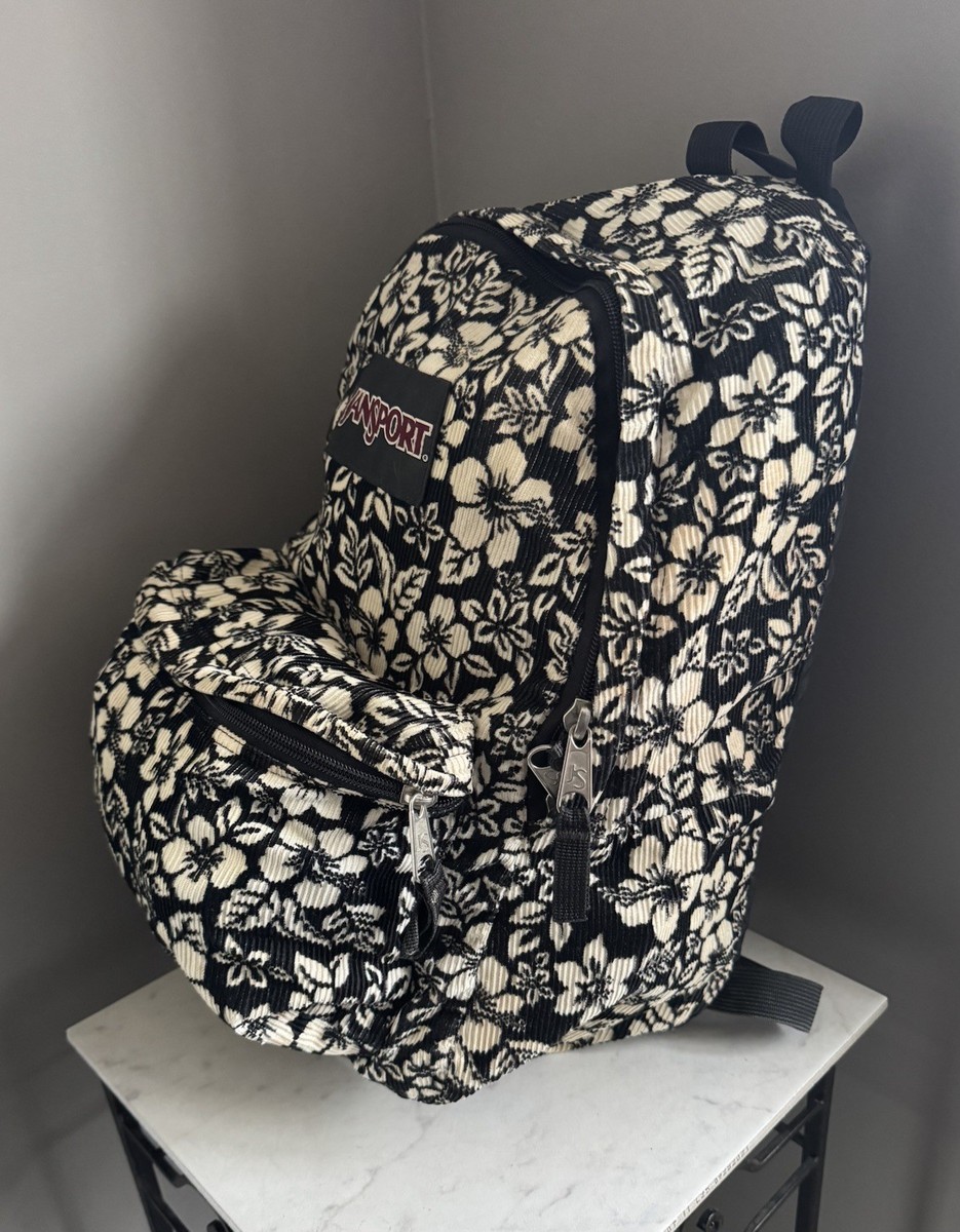 Vtg Jansport Backpack Black Ivory Corduroy Hawaiian Floral