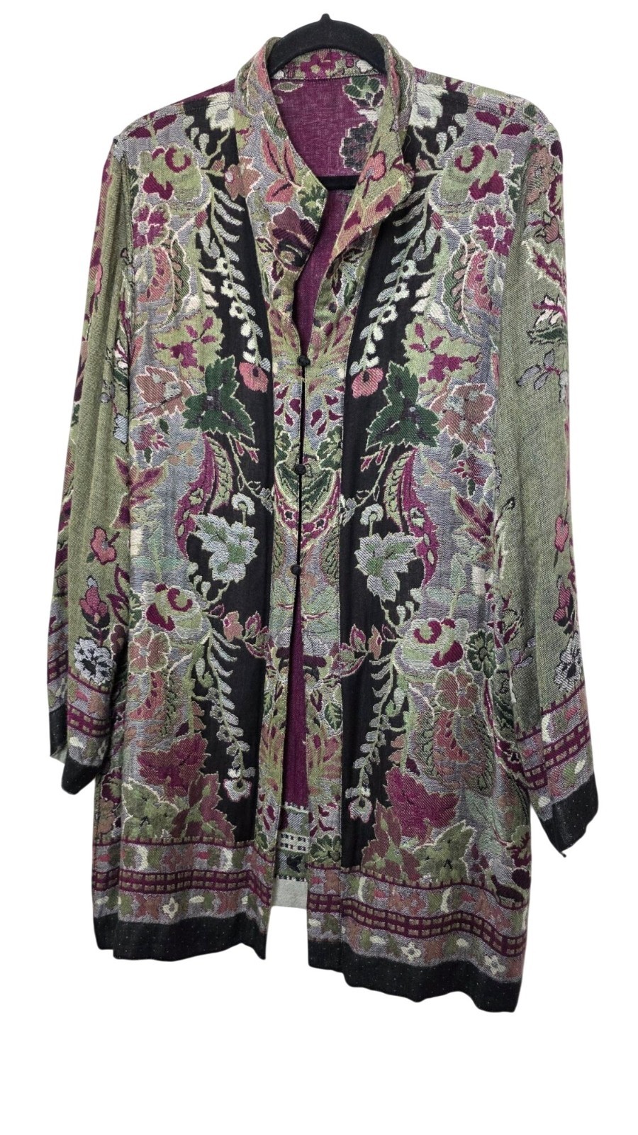 Floral Tapestry Long Jacket Bohemian Festival Green & Burgundy Lightweight XL