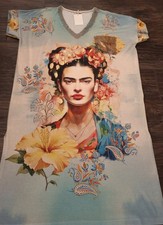 Frida Kahlo Portrait Print Luxe Knit Metallic Sequin Kaftan Maxi Dress Freesize