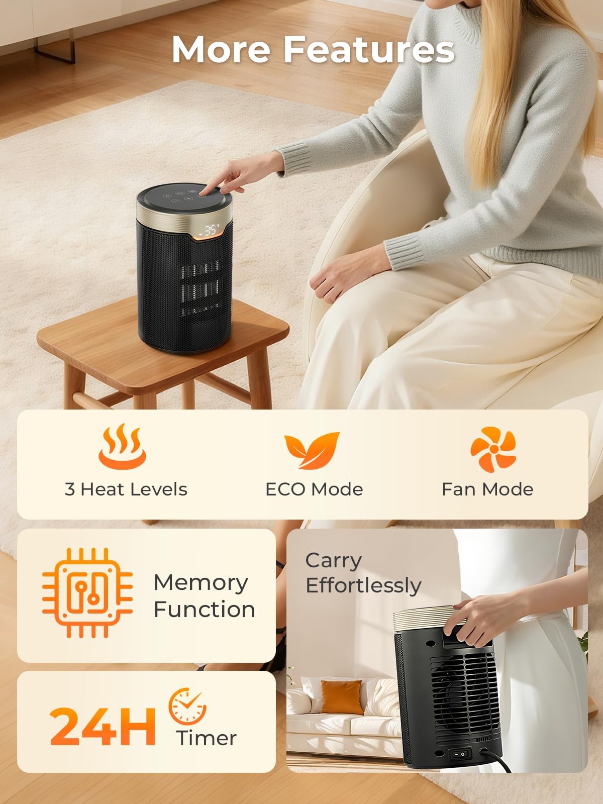Space Heater, Portable Electric Heaters for Indoor Use with Thermostat, 24H T...