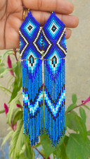 Tribal Earrings Native Large Boho American Seed Beads Handmade Multicolor