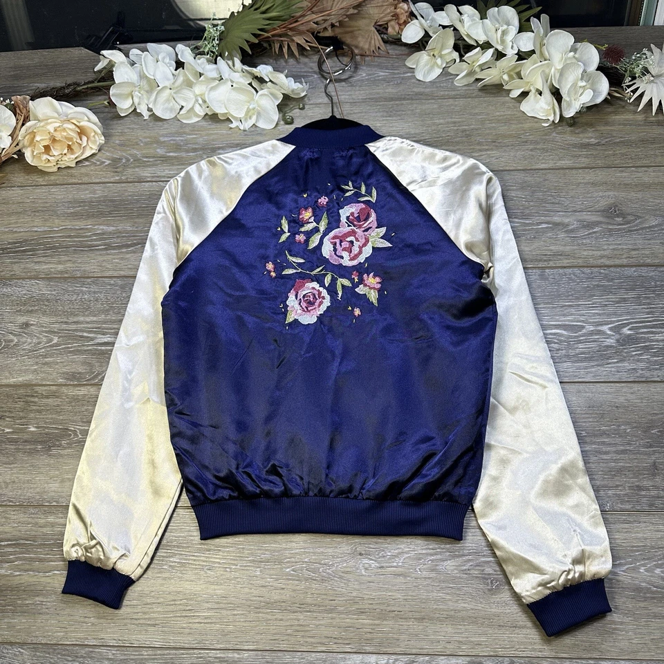 Material Girl Jacket Size XS Embroidered Flowers Varsity Jacket Blue /Beige Gold - Image 2 of 4