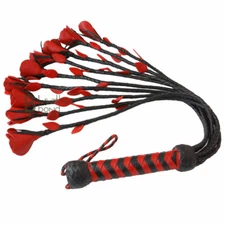Real Genuine Cow Hide Leather Flogger 9 Braided Falls & Red Roses Heavy Duty