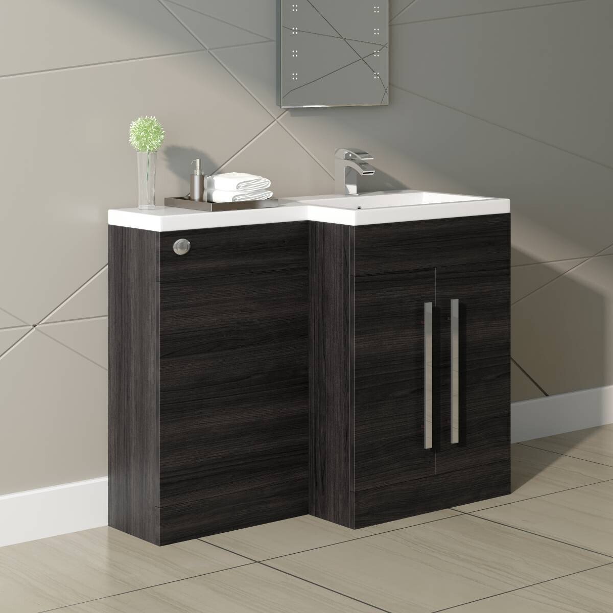 Designer RH Grey 1100mm Bathroom L Shape Vanity Unit with Basin - No Toilet