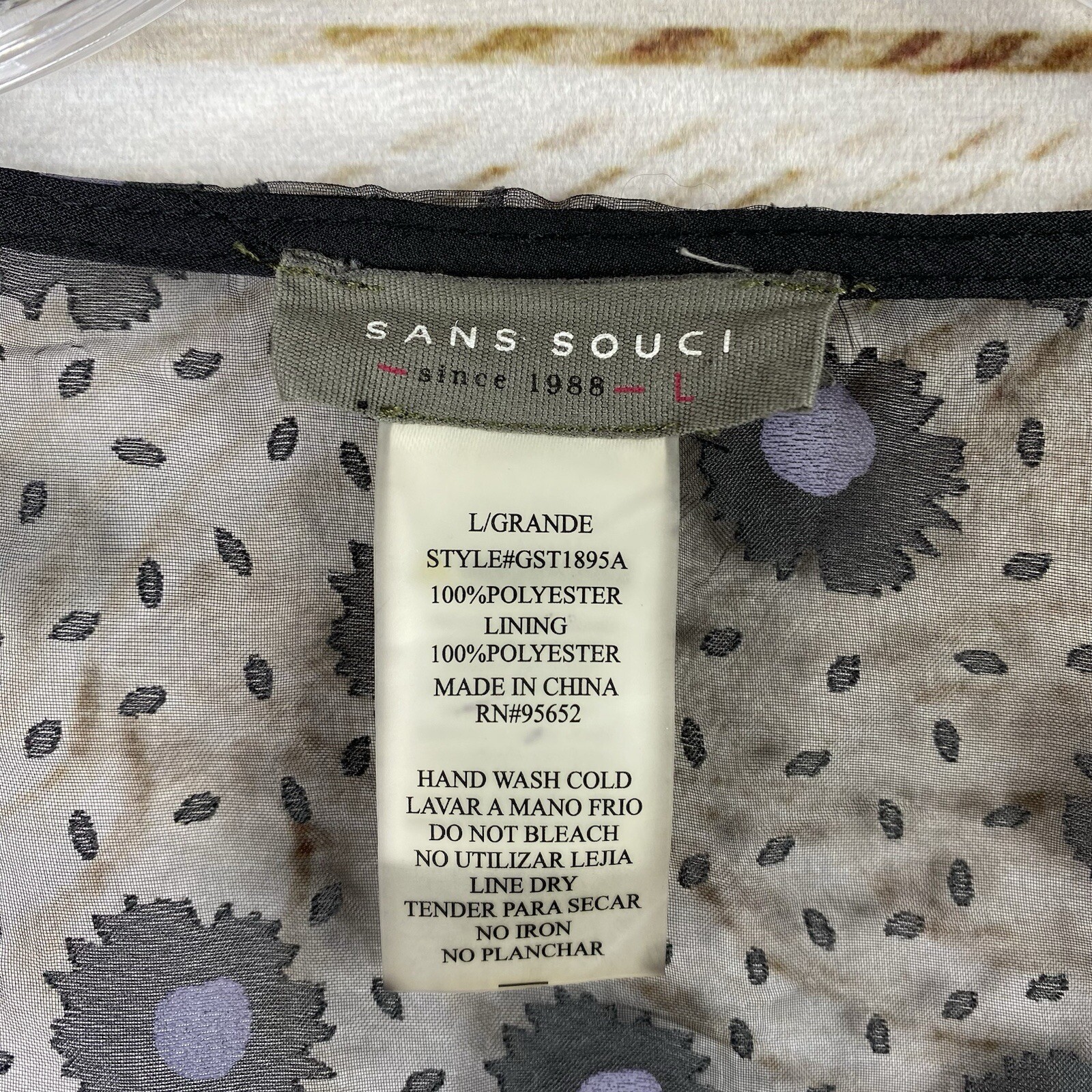 Sans Souci Blouse Womens L Black Floral Sheer Overlay Lined Crop Top Side Zip