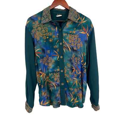 Ali Miles Womens Size Medium Floral Blouse Shirt Top Green Long Sleeve 90s 80s