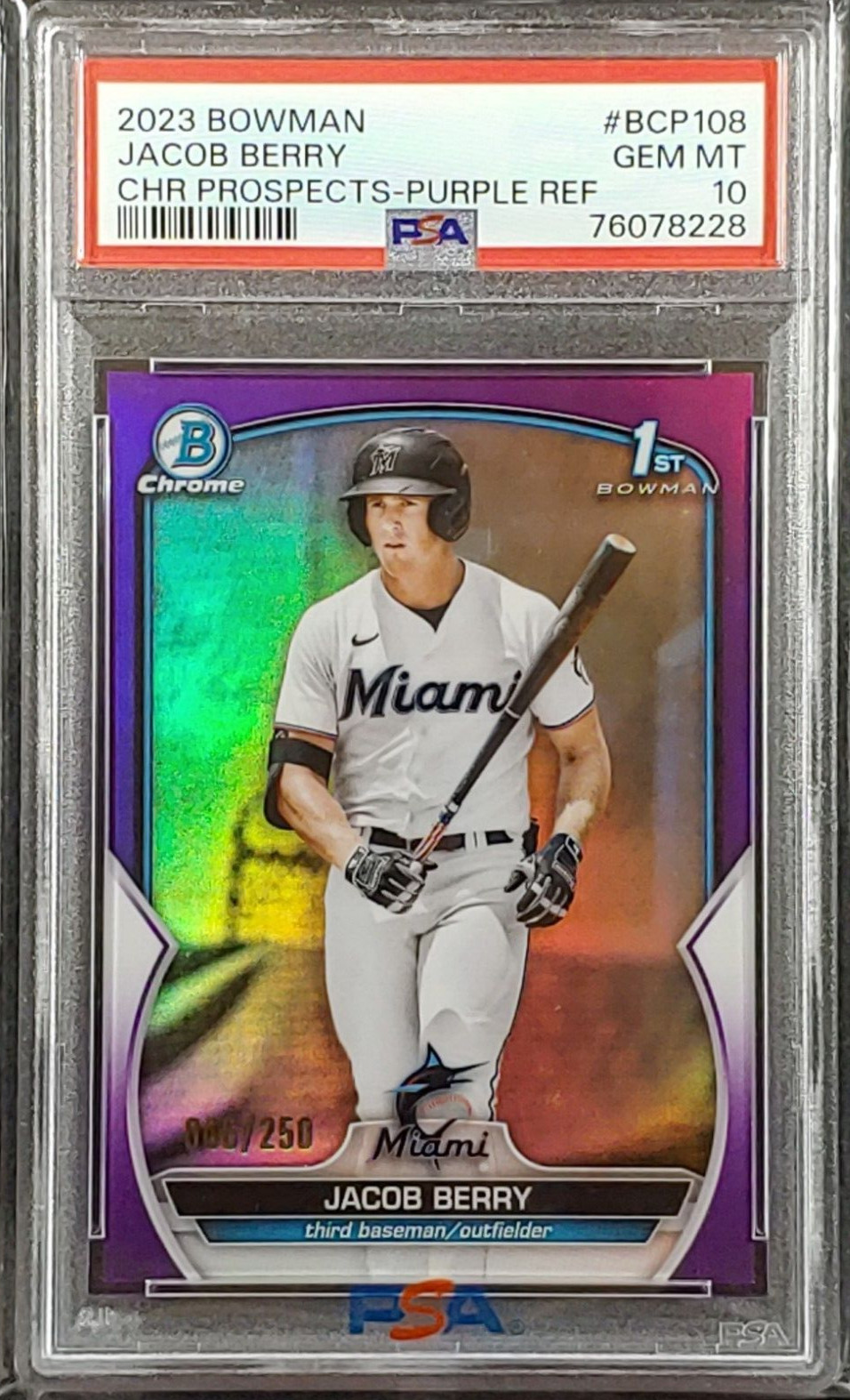 Jacob Berry 2023 Bowman Chrome 1st RC #BCP108 True Purple Refractor /250 PSA 10