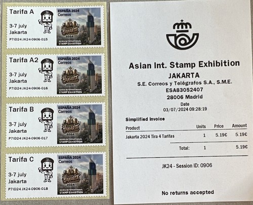 POST & GO SPAIN ISSUES - 2024 - JAKARTA - 3-7 JULY - 4 TARIFA / TARIFA A x 4 - Picture 2 of 2