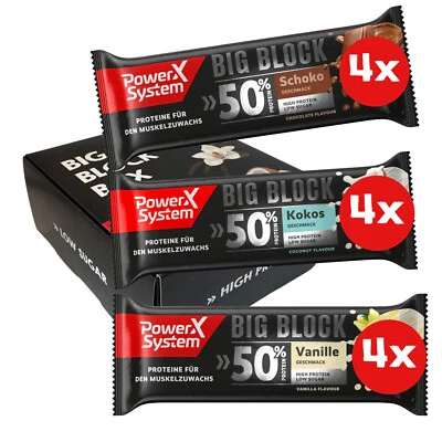 POWER SYSTEM Protein Riegel Big Block Mix Pack 12 x 100g 50% Eiweiß Muskelaufbau Low Sugar