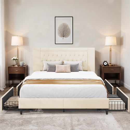 King Size Bed Frame Beige Upholstered Headboard Diamond Tufted with 4 Drawers - Picture 6 of 11