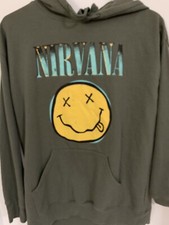 Nirvana Smiley Face Mens Medium Grunge Cobain Green Hoodie Sweatshirt