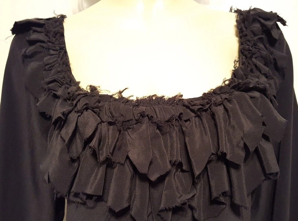 Hazel 棕色黑色丝绸衬衫 L 码流苏农民袖子全新带标签! 345 美元! — 第 3/4 张图片