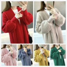 Lady Open Stitch Sweater Cardigan Loose Knit Coat Jacket Lantern Sleeve Top Chic
