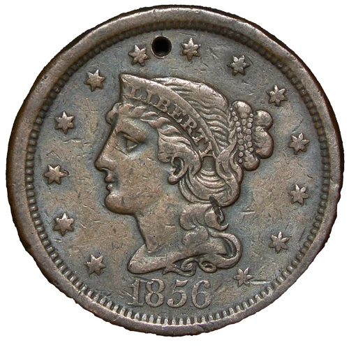 1856 US Large Cent Slanting 5 Braided Hair Holed #22752s