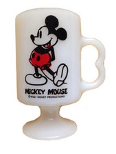 1970s 1980s MICKEY MOUSE FOOTED COFFEE MUG, MILK GLASS, MADE IN USA, VINTAGE