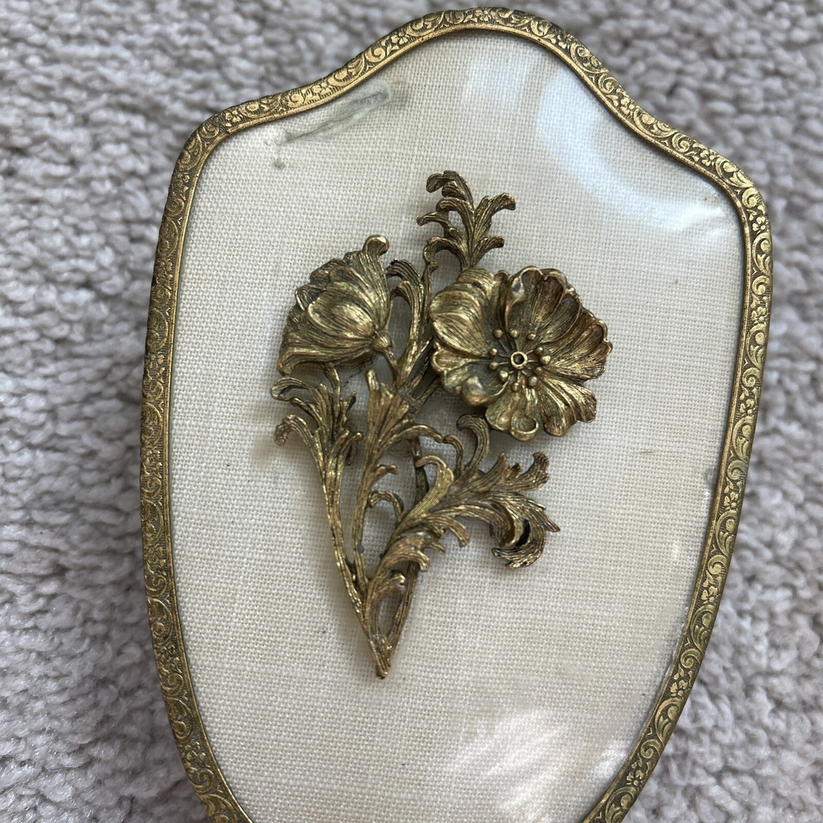 1950s Gold ormolu style cream moire taffeta vanity hair brush and hand mirror 1950s Gold ormolu style cream moire taffeta vanity hair  main image 2