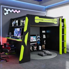 Full Size Gaming Loft Bed with Desk, LED & Storage Shelves Solid Wood Bed Frames