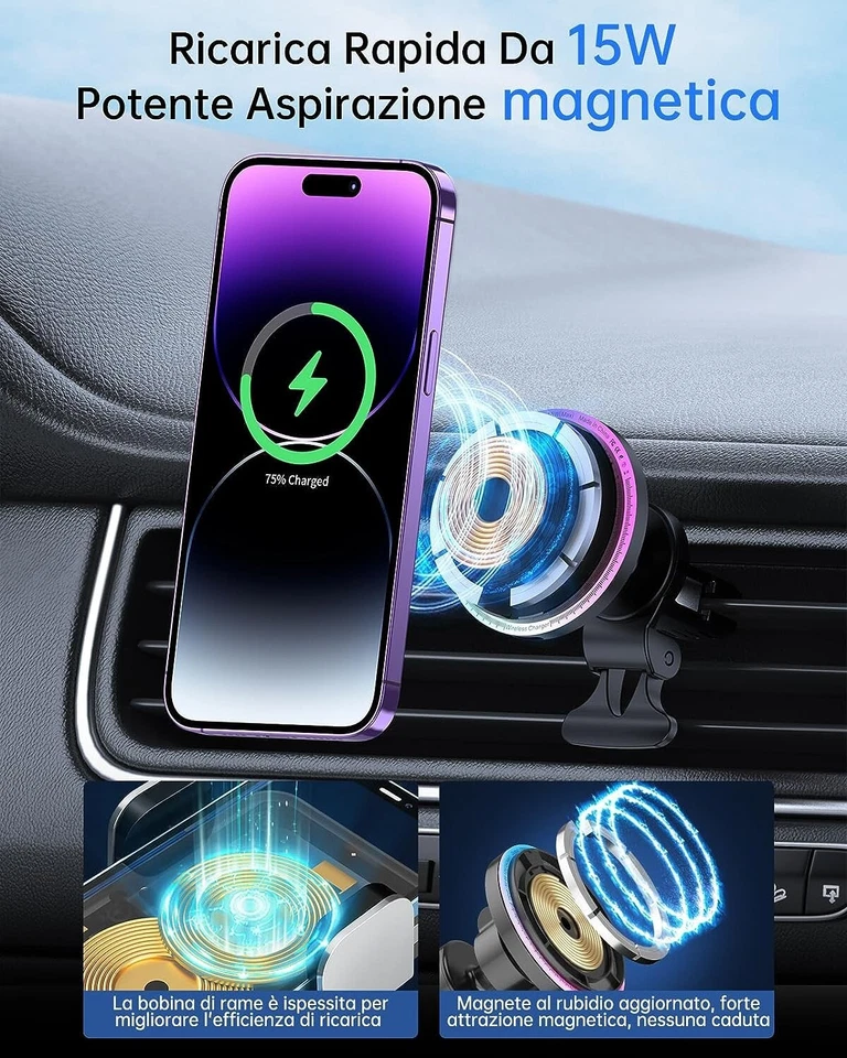 Caricabatteria da Auto Wireless Magnetico Supporto da Auto Magnetico A Ricarica - Immagine 4 di 4