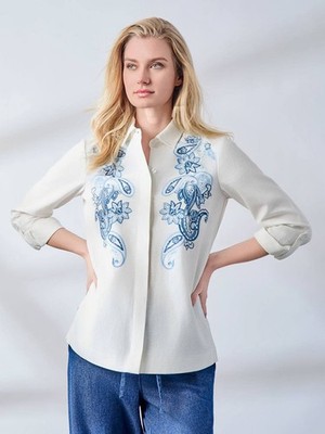 Jones NY Button-Front Embroidered Blouse Linen Blend Size M White  $89