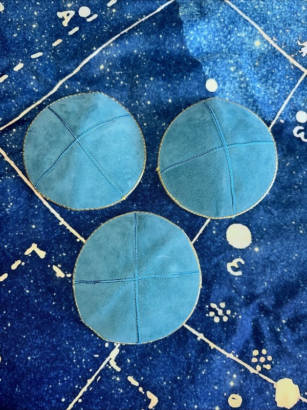 Colllection Of 3 Teal And Gold Leather Yarmulkes Kippot Judaica 