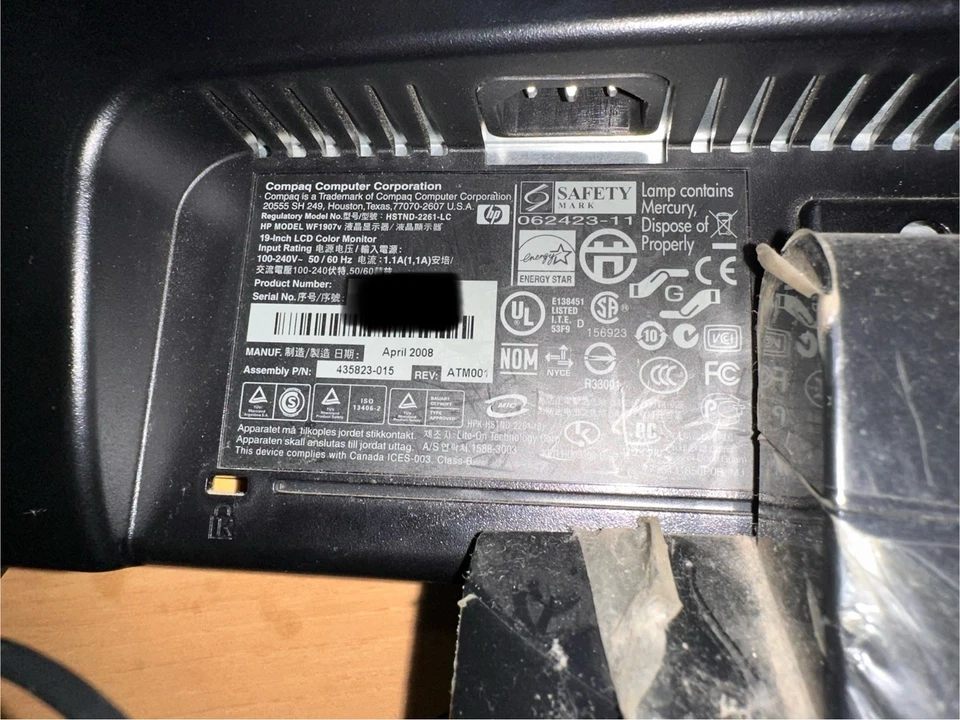 HP Compaq WF1907v 19 inch LCD Monitor - Good Condition- With power and VGA cable - Image 4 of 4