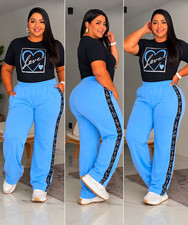 Women s 2-Piece Cotton Knit Love Graphic Tee Pants Set Drawstring 30"