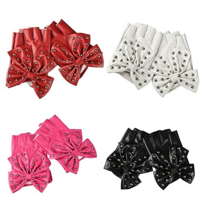 PU Leather Half Finger Gloves Bowknot Gloves For Women Dance Wear And Nightlife
