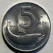Italy 5 Lire 1981 - Dolphin & Ship Rudder