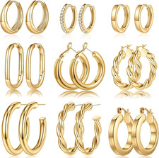 9 Pairs 14K Gold Plated Hoop Earrings Set Chunky Lightweight Women Jewelry