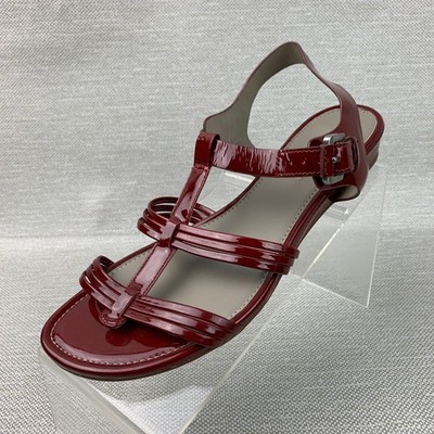 ECCO Sandals Red Patent Leather Flats Open Round Toe T-Strap Buckle EU39/US8.5