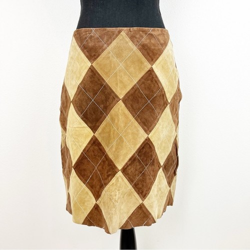 Vintage Hillard & Hanson Leather Pencil Skirt Patchwork Stitched Brown Tan 8 - Picture 4 of 13