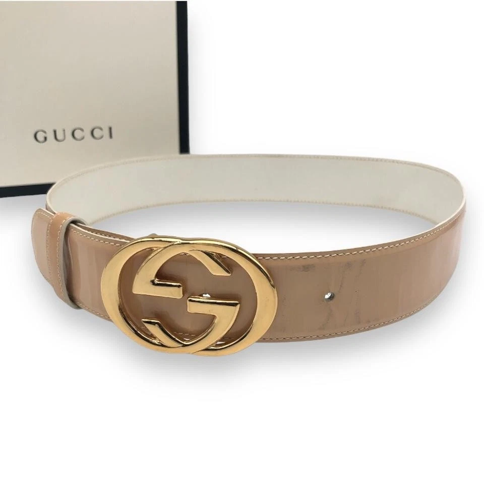 Ceinture émaillée GUCCI 75/30 imbriquée GG, dorée et beige, fabriquée en Italie