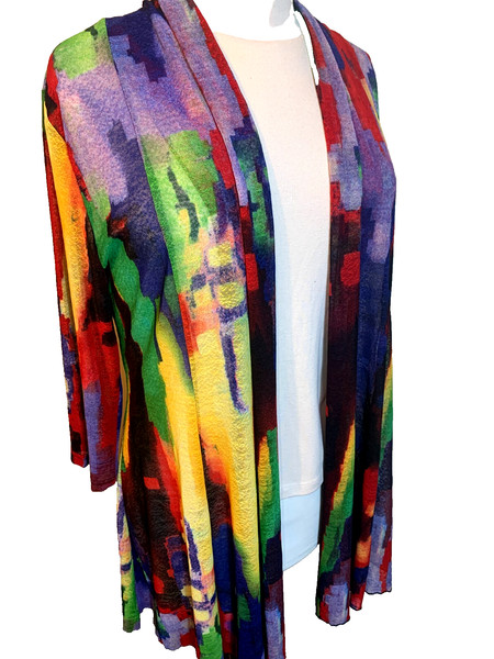 LILIA mesh JACKET cardigan Large 16 18 black print stretch open thigh length