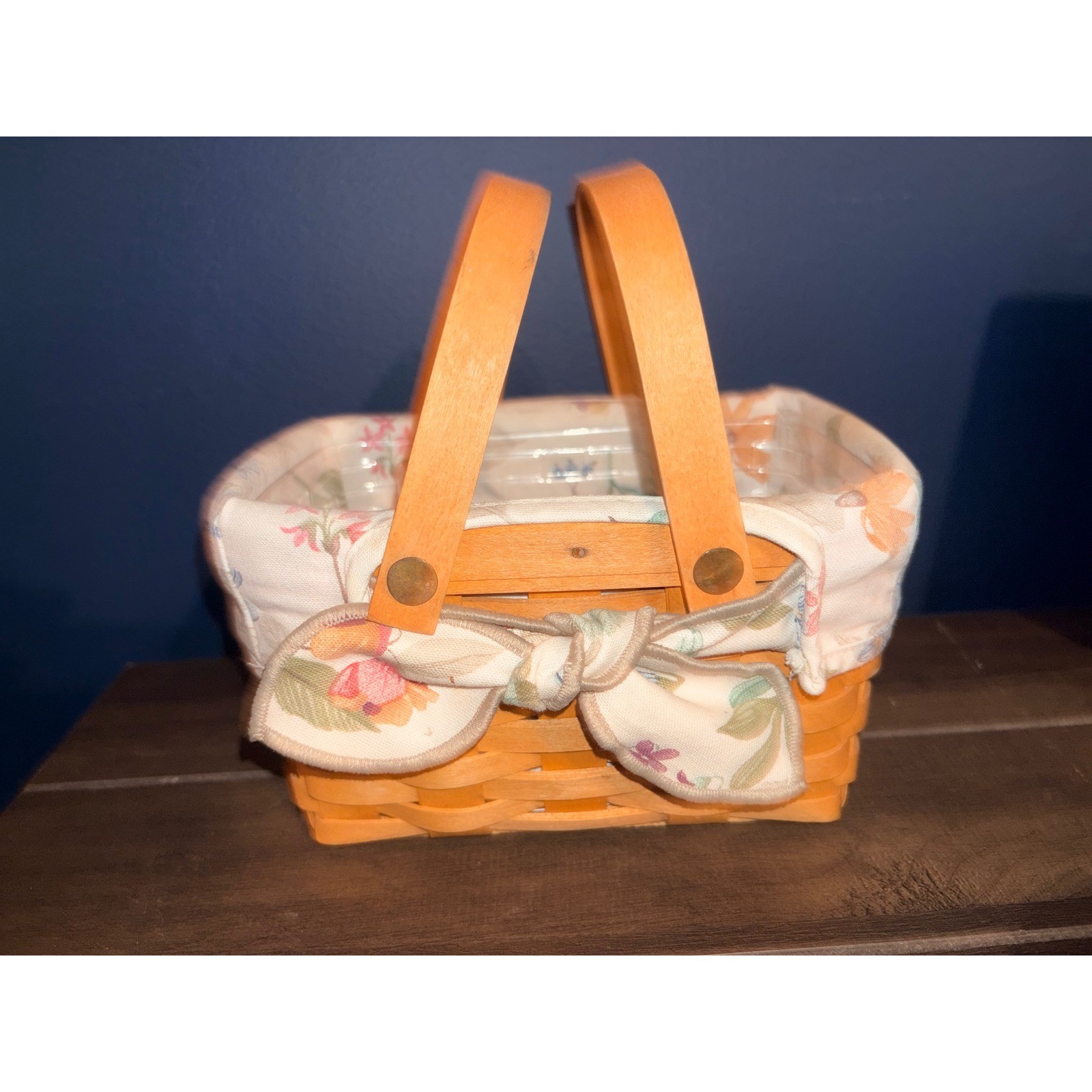 Longaberger Handwoven Basket Floral Liner Plastic Protector Dual Handles 2002