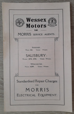 Morris Electrical Equipment Repair Charges Booklet c.1935 - Wessex Motors