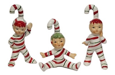 Vintage GEO Z LEFTON Christmas Candy Cane Elves Pixies SET of 3