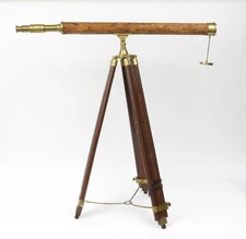 Vintage Brass Telescope c1960 Spyglass w Bamboo Inlay & Adjustable Tripod Base