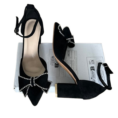 Damen Sandalen Blockabsatz Schwarz Größe UK 6 EU 39 Wildleder Schleife Strass Riemen.