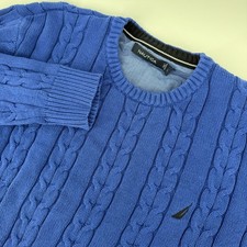 Nautica Mens Royal Blue Cable Knit Cotton Crewneck Sweater Large Logo Pullover