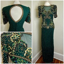 VTG 80s 90s Lawrence Kazar NY Silk Beaded Sequin Evening Gown Green Gold Drag S