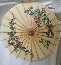 Vintage Oriental Parasol - Paper  Bamboo-Birds  Butterflies 24"