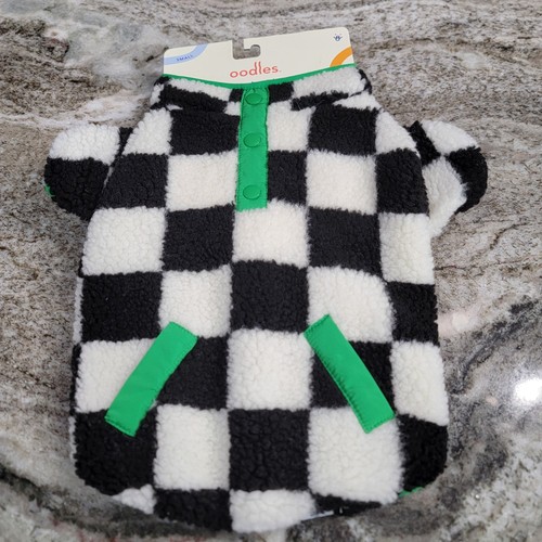Oodles Small Buffalo Check Sherpa Dog Jacket Black White Green Trim Easy On
