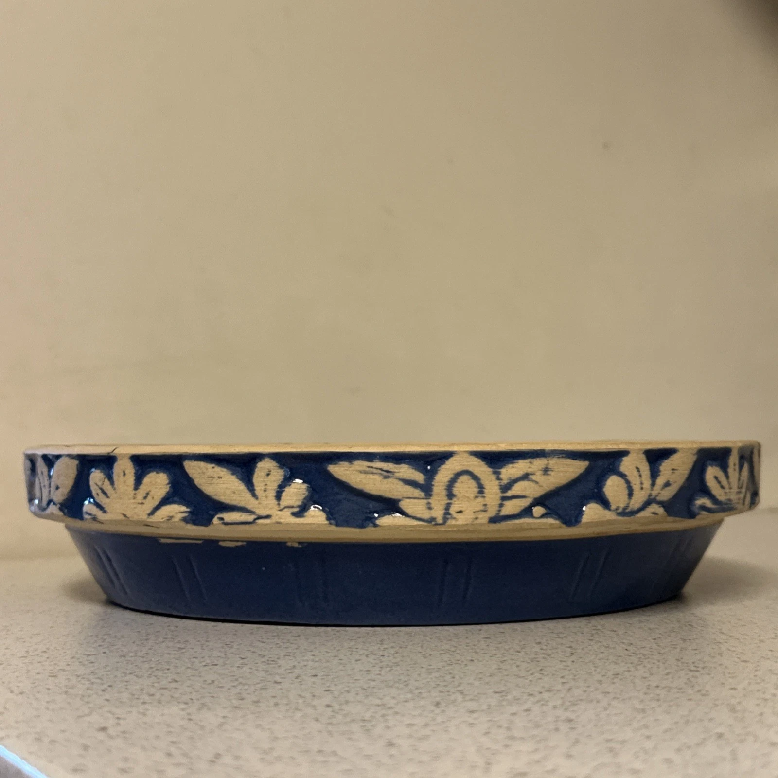 Vintage Clay City Pottery 10" Pie Plate Dish Blue Floral Stoneware USA Folk Art