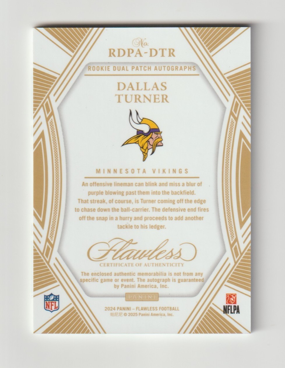 2024 Flawless Dallas Turner RC Sapphire Dual Patch Auto Low SN 02/10 Vikings CC view 2